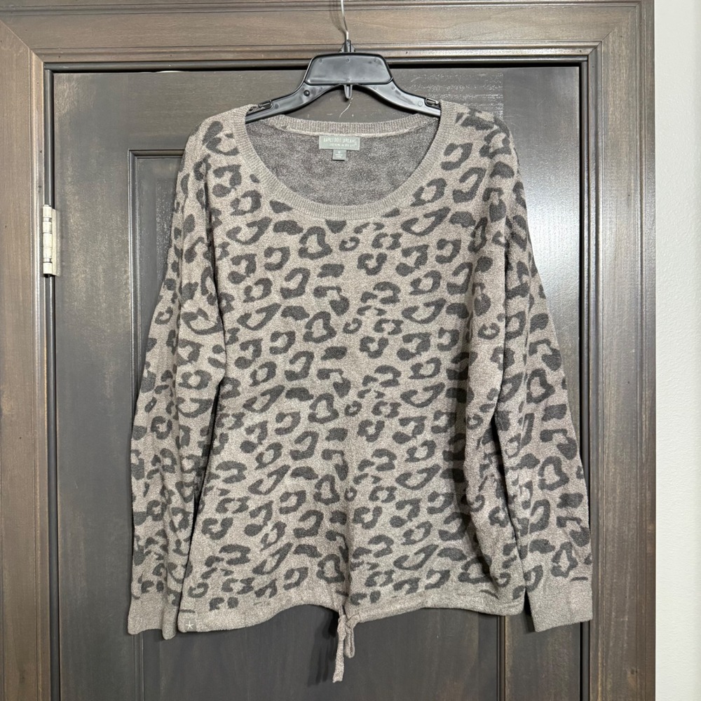 Barefoot Dreams CozyChic Ultra Lite Leopard Tie Front Sweater Grey BDWCU2077 M